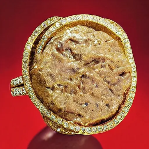 Prompt: a wonderful ring, 24K gold, golden beef stroganoff with encrusted diamonds