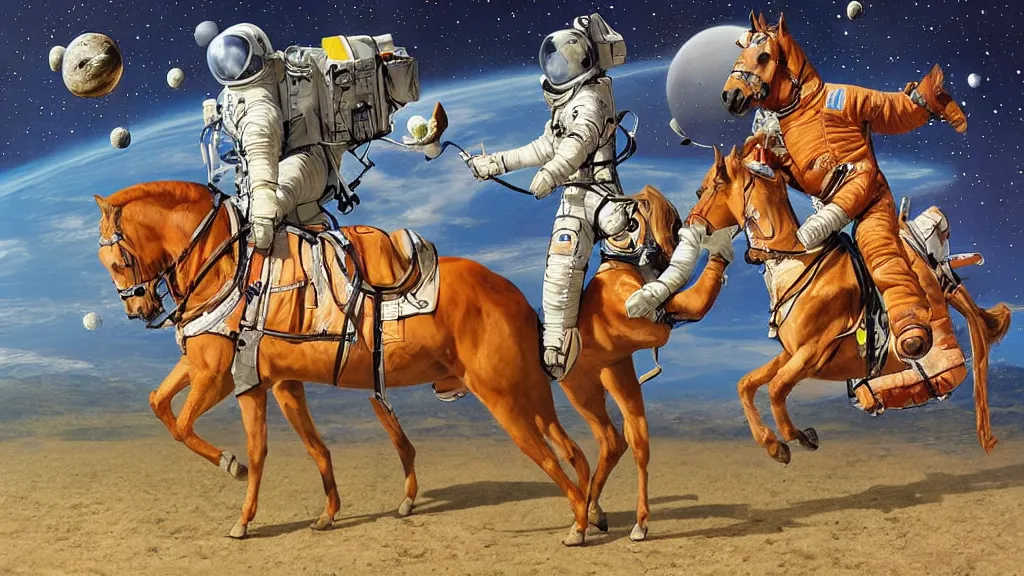 Prompt: an astronaut holds a horse, a horse is a ball, a horse riding an astronaut, art by cheval michael