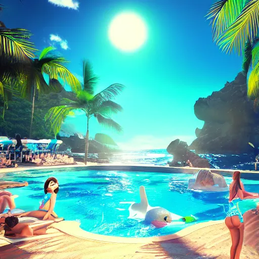 Image similar to pool party ahri catching the sun in hawaiian beach, ocean in the horizon, 3d render, octane render, 4k, very detailed, volumetric, instagram