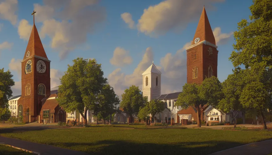 Image similar to midwest town with church, clock tower, square, trees, sunny day, volumetric light, hyperdetailed, artstation, cgsociety, 8 k