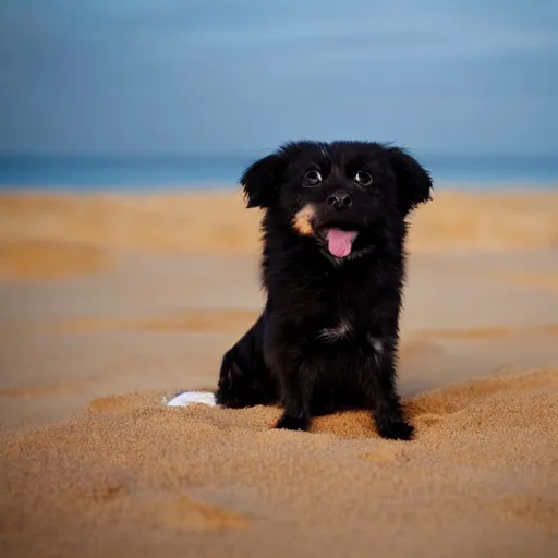 Image similar to a small dog sitting on top of a sandy beach, a picture by wes anderson, shutterstock contest winner, dau - al - set, sense of awe, angelic photograph, majestic