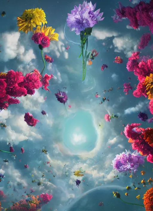 Image similar to An epic fantastic realism comic book style painting of the most beautiful flowers launched into space, bouquets, fisheye lens, unreal 5, DAZ, hyperrealistic, octane render, dynamic lighting