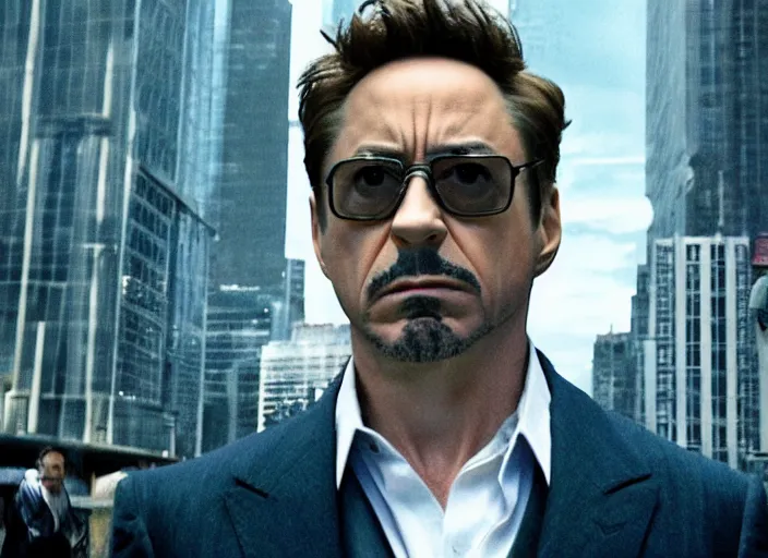 Image similar to film still of Robert Downey Jr as Cobb with the world bending in the background in Inception, 4k