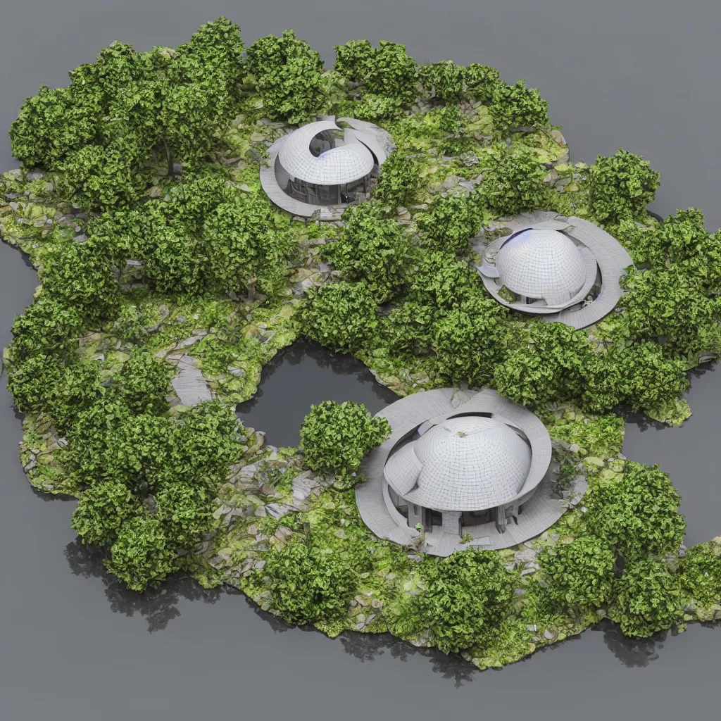 Prompt: architectural model, isometric view, 3 d render, studio lighting, low contrast, dark background, highly detailed, a circular house with circular courtyards floating on water at the sloping edge of a lake, tree