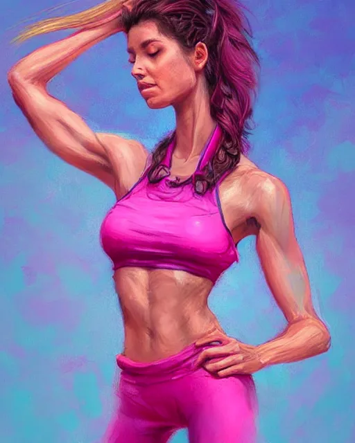 Image similar to female yoga instructor, perfect face, 1 9 8 0 s hairsprayed hair, hot pink halter top, flowing hair, fit, cinematic, blush, stunning, agile, highly detailed, digital painting, artstation, smooth, hard focus, illustration, art by jessica rossier and and brian froud