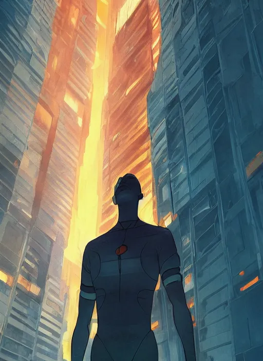 Prompt: giantic orange glowing humanoid watching a giant skyscraper with thousands of floors and bright yellow windows inside a dark cavern, in the Style of Artgerm and Charlie Bowater and Atey Ghailan and Mike Mignola, hard shadows and strong rim light, Comic Cover Art