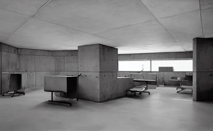 Prompt: Interior shot of a secret brutalist concrete bunker with computers and with glossy concrete floor by stanley kubrick, shot by 35mm film color photography