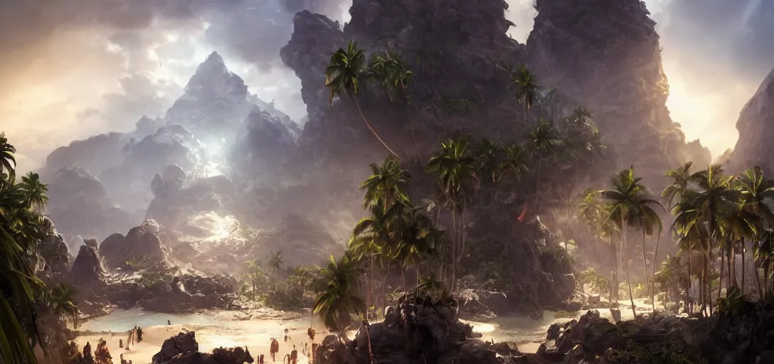 Image similar to a tropical pirate Island with white beach, palm trees and a cave in Form of a skull carved in a Mountain, dramatic lighting, cinematic, establishing shot, extremly high detail, photo realistic, cinematic lighting, post processed, concept art, artstation, matte painting, style by eddie mendoza, raphael lacoste, alex ross