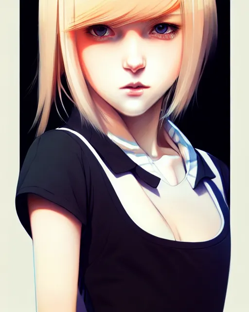 Image similar to really cool up close portrait of a beautiful blonde english emo girl in tshirt, by saruei and guweiz and ilya kuvshinov and rockwell and warhol and range murata!!, magic art, sleek curves, intricate sharp focus, trending on artstation hq, deviantart, pinterest, unreal engine 5, 4 k uhd image