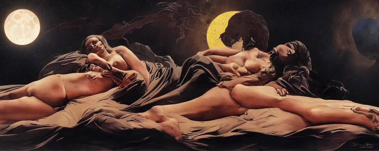 Image similar to sleep of wise old beautiful woman Desert Spirit, under unresolved moon illusion, in the style of Frank Frazetta, Jeff Easley, Caravaggio, extremely clear and coherent, clear lines, 8K revolution