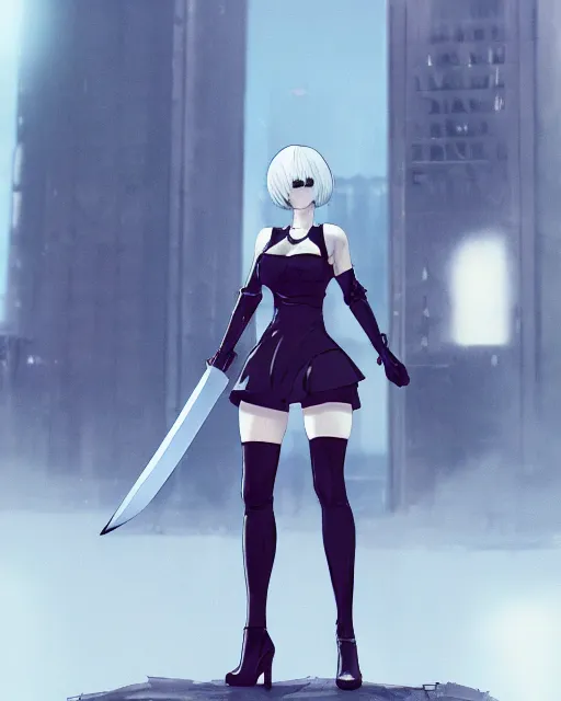 Image similar to 2B from Nier Automata and with slender body type standing in front of a large building holding a sword, cartoon illustration, trending in artstation, artstationHD, artstationHQ, cyberpunk 8k