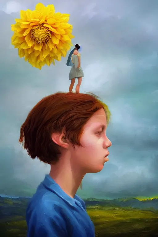 Image similar to closeup girl with giant yellow dahlia flower face, standing on mountain, surreal photography, blue storm clouds, dramatic light, impressionist painting, digital painting, artstation, simon stalenhag