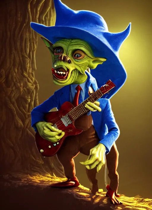 Image similar to a cute sharply dressed goblin playing the blues on an old guitar, in the style of boris valejo and patrick woodroffe, fantastic, dramatic lighting, smokey, forest, hyperrealistic, detailed, octane render