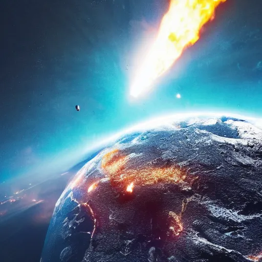 Prompt: photo of a meteor hitting the planet earth, movie still, collision, apocalyptic, cinematic, intense, detailed, distruction, 4 k, 8 k, by michel bay,