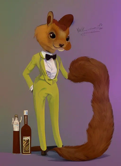 Prompt: squirrel anthro as a dapper bartender with a big, fluffy tail, retro futurism, art deco, detailed, painterly digital art by WLOP and Cory Loftis and Kenne Gregoire, 🐿🍸🍋, furaffinity, trending on artstation