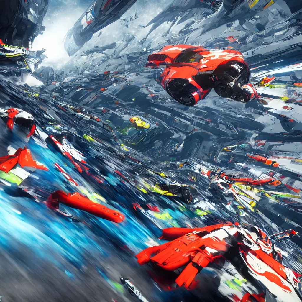 Image similar to detailed render, wipeout ag racing, the designer's republic, artwork, feisar, cinematic shot, 4 k render