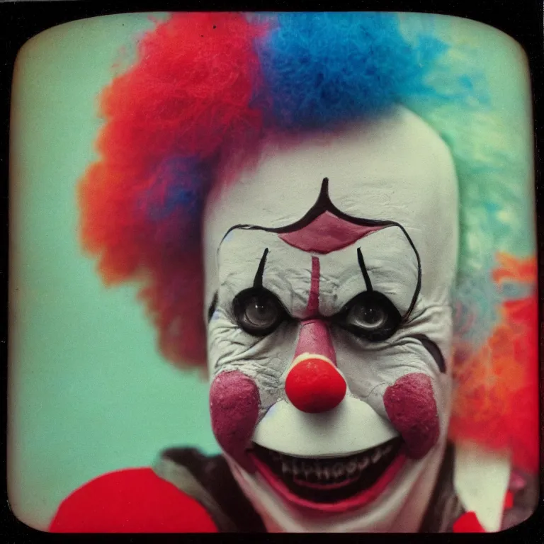 Prompt: color photo of a creepy birthday clown, weathered polaroid, circa 1 9 8 6, technicolor, archival quality image, photograph scanned by