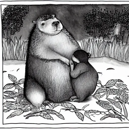 Image similar to badger lovingly hugging a capybara, children's book illustration