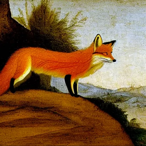 Image similar to one lone fox ontop a wooden fence, painted by da vinci