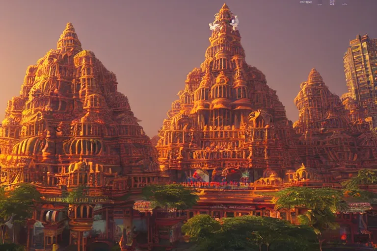 Prompt: high quality 3 d dreamscape! mumbai with biomorphic hanuman head building, kalighat highly detailed, unreal engine cinematic smooth, stephen shore & john j. park, soft morning light, wide shot, high angle, uhd 8 k, deep focus