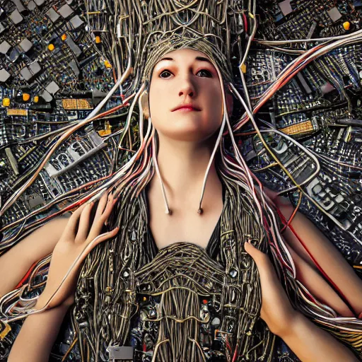 Prompt: tapping in to something greater, serene power, piles of modular synth cables, goddess laying down wearing a headpiece made of circuit boards, by cameron gray, wlop, stanley kubrick, masamune, hideki anno, unique perspective, trending on artstation, 3 d render, vivid