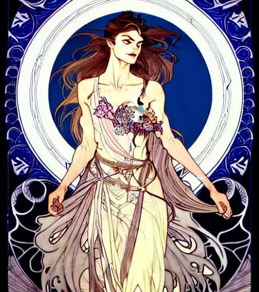 Image similar to in the style of artgerm, arthur rackham, alphonse mucha, phoebe tonkin, symmetrical eyes, symmetrical face, flowing blue skirt, hair blowing, full body, intricate filagree, hidden hands, warm colors, cool offset colors