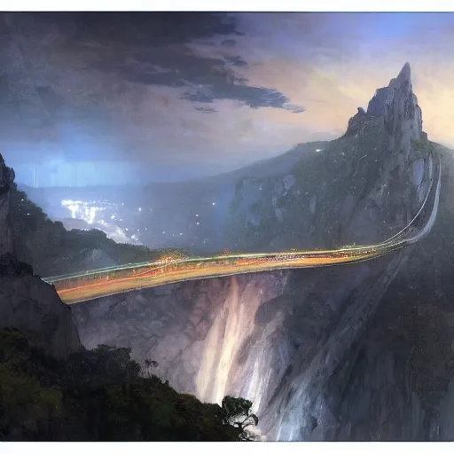 Image similar to hyperrealist portrait of a vast cliff face with one enormous futuristic building jutting out with a bridge to it and suspension cables, over a masive river valley at night by jeremy mann and alphonse mucha and alan lee, fantasy art, photo realistic, dynamic lighting, artstation, poster, volumetric lighting, very detailed faces, award winning, full face, symmetry