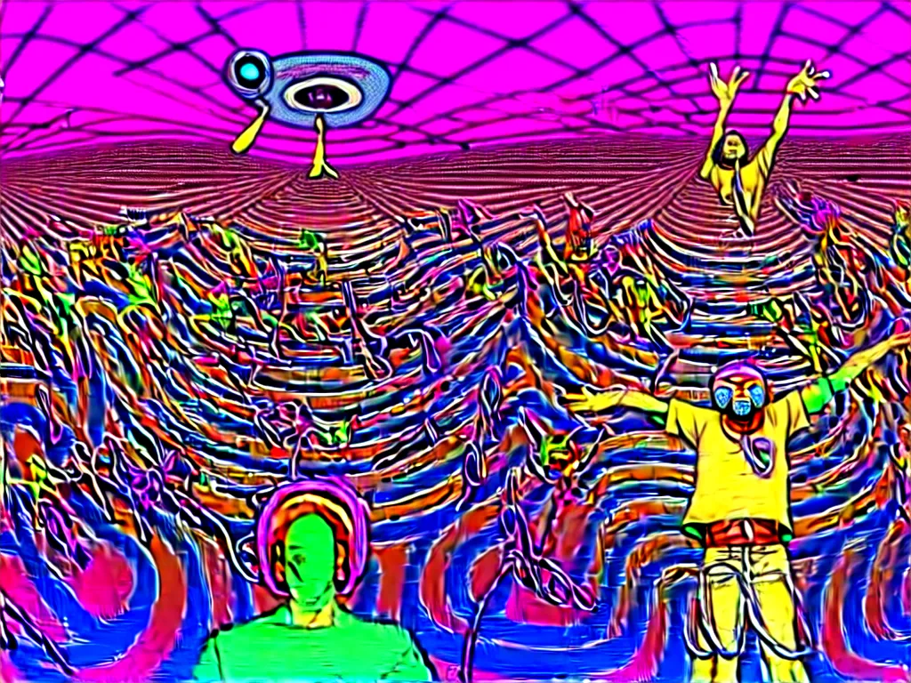 Image similar to rapping on stage at festival, holding microphone, giant crowd, epic angle, happy, psychedelic, hip hop, surreal, neon, vaporwave, detailed, illustrated by Alex Grey, 4k