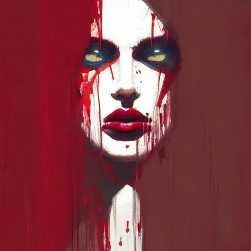 Image similar to pelham puppet surrounded by red curtains by Conrad Roset and Nicola Samuri, medium shot, rule of thirds, seductive look, beautiful, intricate, dystopian, sci-fi, extremely detailed, digital painting, artstation, concept art, smooth, sharp focus, intimidating lighting, incredible art, details visible, very dark ambiance