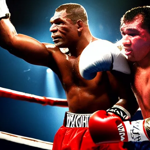 Image similar to a photo of a kangaroo with boxing gloves fighting Mike Tyson in the ring, surrounded by camera flashes and spotlights, dramatic lighting closeup, grimacing faces