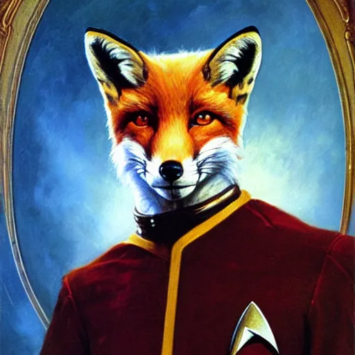 Prompt: a portrait of a fox foxman canine star trek doctor. highly detailed painting by gaston bussiere, craig mullins, j. c. leyendecker, furry