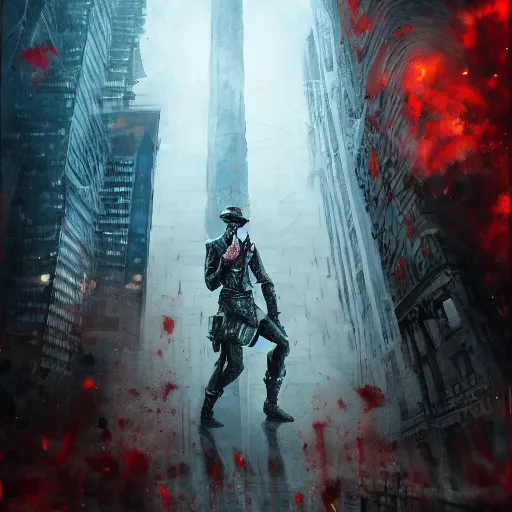 Prompt: wicked doppelgänger murdering the person it is impersonating, blood, knife, urban, city, skyscraper, no words, no letters, movie poster, artstation, sharp focus, cinematic lighting, intricate, highly detailed, digital painting
