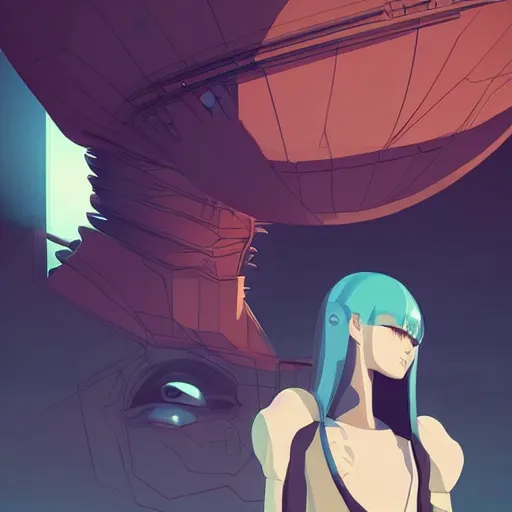 Image similar to a menacing android monster looming over a cowering female, clean cel shaded vector art. shutterstock. behance hd by lois van baarle, artgerm, helen huang, by makoto shinkai and ilya kuvshinov, rossdraws, illustration,