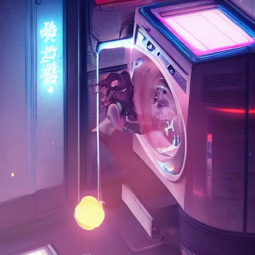 Image similar to step sister stuck in washing machine, art by wlop and artgerm and liam wong, cyberpunk, neon, intricate details, trending on artstation, sharp focus, caustics, octane render, radiant light, 4 k