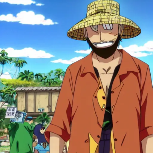 Prompt: A still of a bearded blonde man wearing a tie dye shirt and a bucket hat standing in front of The Thousand Sunny in One Piece Anime Series