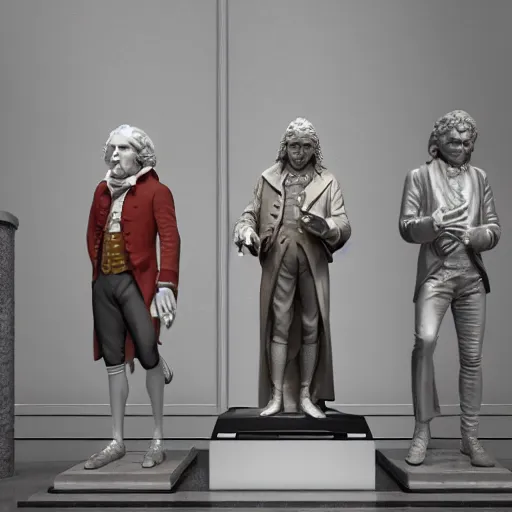 Image similar to mozart and beethoven and bach and liszt all standing next to each other, they're all statues, octane render, 8 k, highly detailed, hyper - realistic.