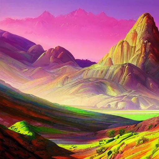 Prompt: This painting is simply stunning. It is a beautiful landscape painting of a desert scene, with mountains in the background and a bright sky. The colors are so vibrant and the detail is amazing. It is a truly beautiful painting. flat color, neon green, deep purple by Diego Dayer, by Naoko Takeuchi Trending on artstation