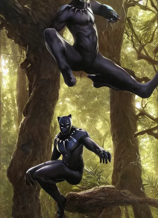 Prompt: Black Panther in a tree looking directly at you, octane render, concept art, smooth, sharp focus, illustration, sigma, rule of thirds, from Marvel Studios, by Ruan Jia and Mandy Jurgens and William-Adolphe Bouguereau, Artgerm