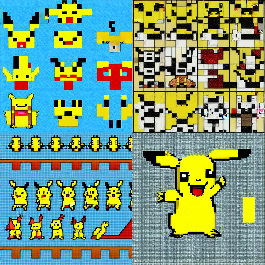 Prompt: Pikachu pixel art, sprite sheet, game assets