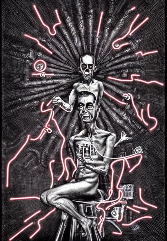 Image similar to subgenius, x - day, aliens, weird stuff, occult stuff, devil stuff, neon, hyperrealism, dramatic lighting