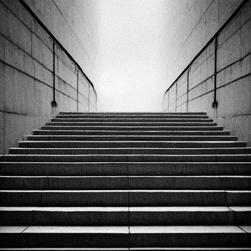 Image similar to black and white surreal photograph, highly detailed vast space made of stairsteps, sideview, detailed textures, natural light, mist, architecture photography, film grain, soft vignette, sigma 1 4 mm f / 1. 4 1 / 1 0 sec shutter, imax 7 0 mm footage