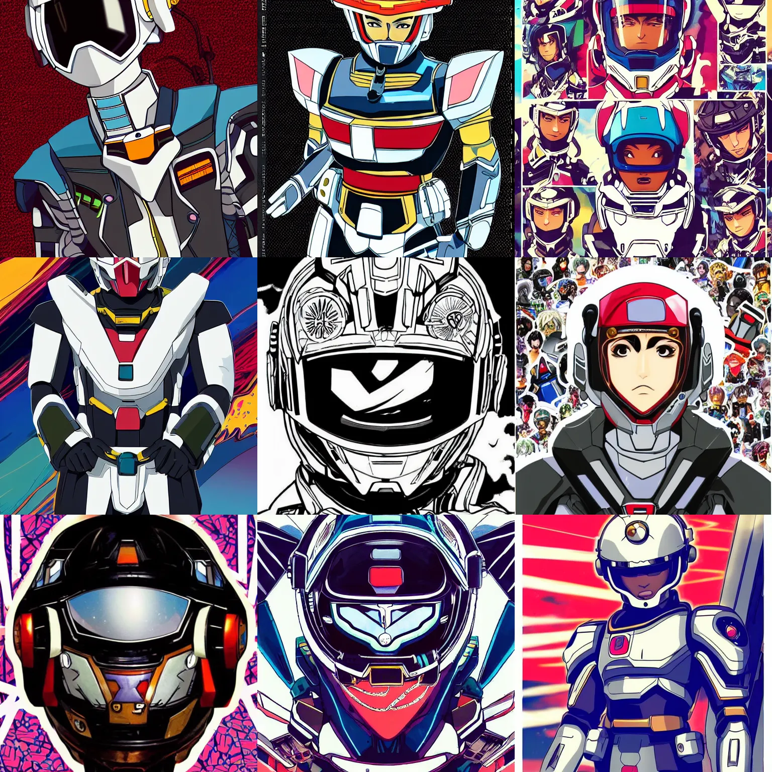 Prompt: a manga illustration of one young handsome 👨🏾‍🦲 gundam pilot with intricate helmet on, with urban and hiphop inspired stickers on his helmet, afro futuristic, portrait photography by milestone media and denys cowan and jim lee, symmetrical facial features, symmetrical proportions, epic composition, high energy, proud, colorful, white background, in the style of Teen Titans and Disney's the Proud Family, beautiful portrait, photorealistic, 32k, hd, cinematic lighting, uplight, leftlight, studio lighting,