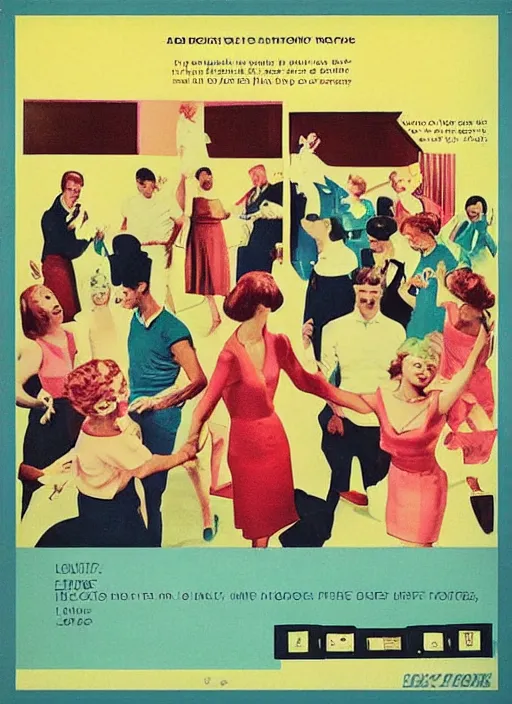 Prompt: “Photograph of a party with lots of people dancing in luxurious modern mid century house. Retro advert style.”
