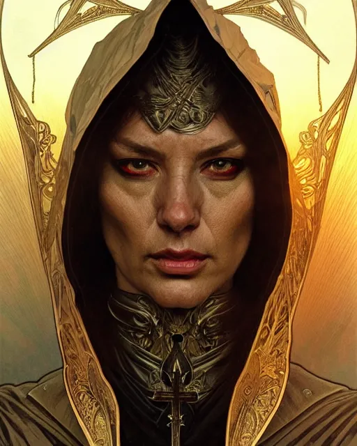 Prompt: realistic wide angle portrait of a nasty bishop, evil, heroic pose, beautiful face, full body, dramatic lighting, intricate, wild, highly detailed, digital painting, artstation, concept art, smooth, sharp focus, illustration, art by artgerm and greg rutkowski and alphonse mucha, footage from space camera