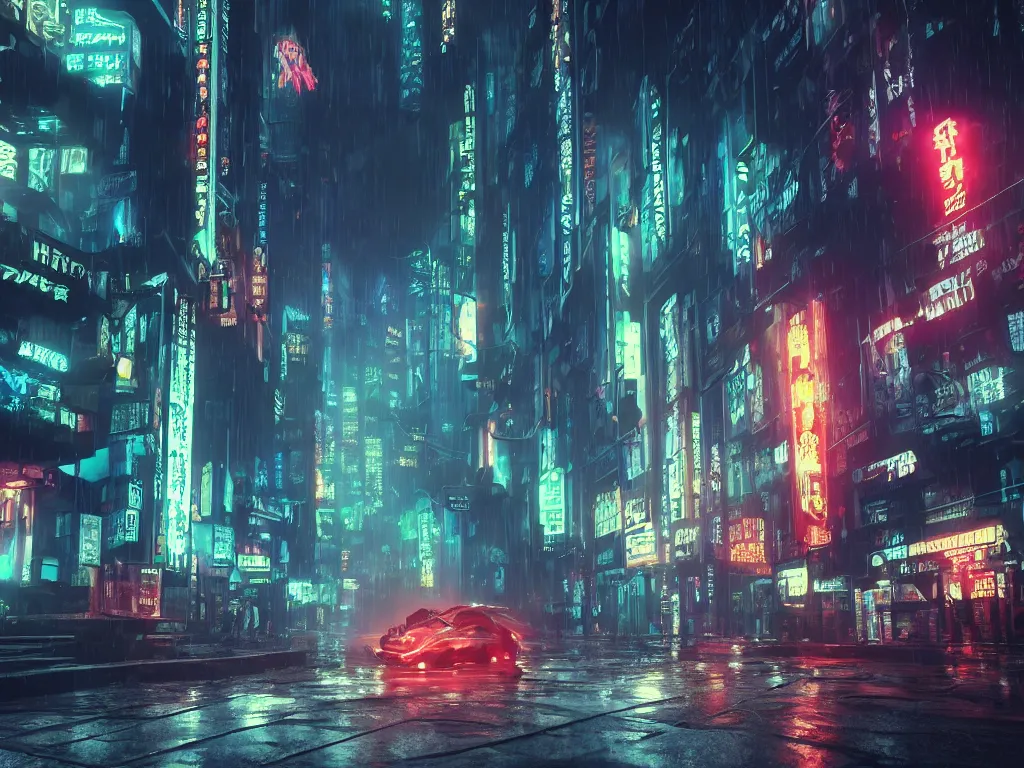 Prompt: cyberpunk lovecraft vibe in blade runner with hiromasa ogura set design, epic exterior streetscape with flying cars, high octane, stunning cinematic lighting, dark mood, abstract wet misty drizzling atmosphere, cthulhu, neon light bloom, light leaks 4 k unreal engine render lens flare