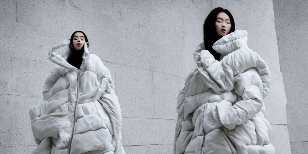 Prompt: well lit fashion shoot portrait of extremely beautiful female marble statue wearing huge over size puffer jacket by dingyun zhang, yeezy, balenciaga, vetements, a cold wall, sharp focus, clear, detailed,, cinematic, detailed, off white, glamourous, symmetrical, vogue, editorial, fashion, magazine shoot, glossy