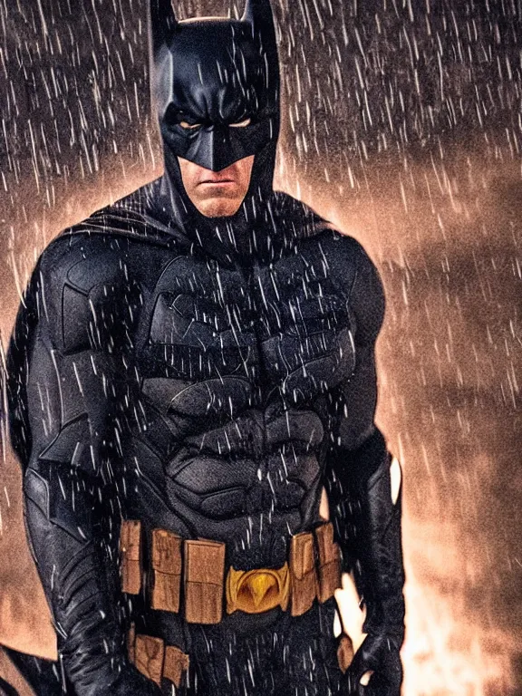 Image similar to film still, ryan reynolds as batman, no mask, hyperrealism, moody lighting, rain, intricate, 8 k