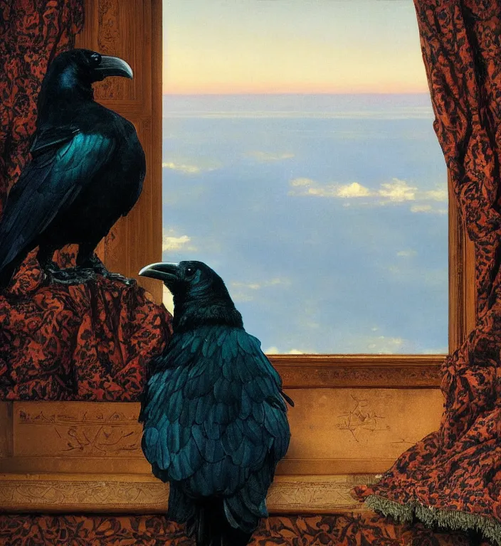 Image similar to a beautifully photoreal clear detailed victorian portrait of a close up raven on a victorian windowsill with an ornate velvet dark teal curtain at beautiful sunset daytime nature sunlit painting by frederic leighton and turner and rosetti and morris, 8 k, octane render