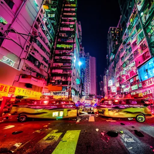 Prompt: violent riots in Hong Kong, wide angle shot neon lights