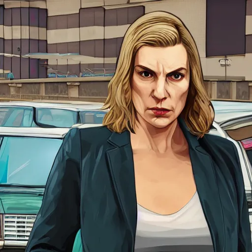 Image similar to Kim Wexler from Better Call Saul as a GTA character portrait, Grand Theft Auto, GTA cover art